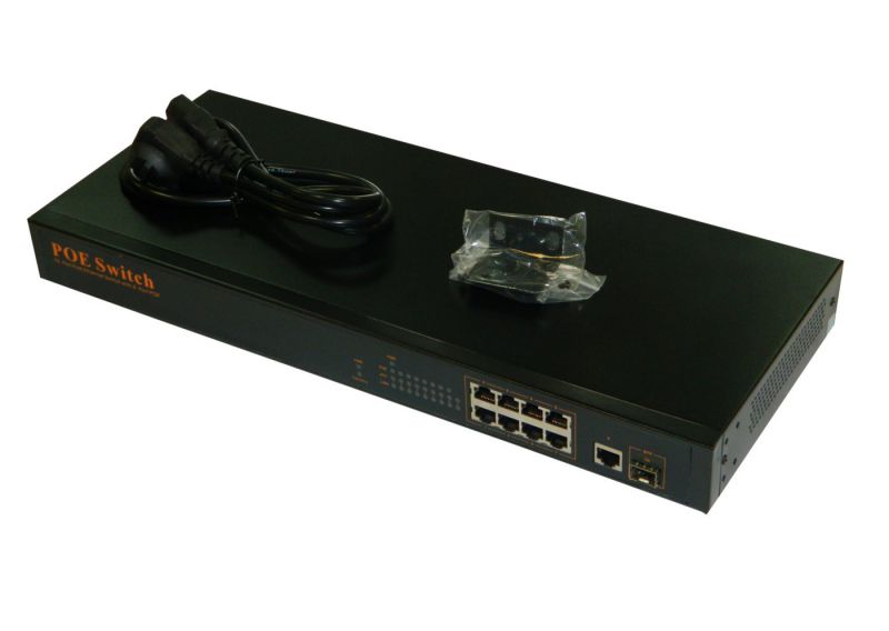 NS1082T1U10P PoE, коммутатор, 19", 10 портовый, 8 PoE 802.3at 100Mbit портов, 25W, 1 Uplink 1Gbit порт, 1 комбинированный порт 1000Base-T/SFP слот, кабель питания ЕВРО, черный