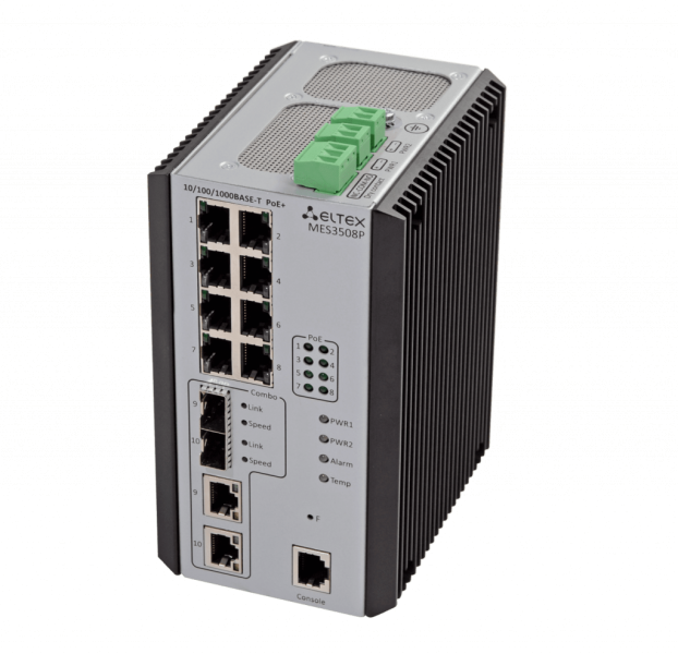 Ethernet-коммутатор MES3508P, 8х10/100/1000Base-T (PoE/PoE+), 2хcombo 10/100/1000Base-T/1000Base-X, L2, 48 (45 ~ 57) VDC MES3508P