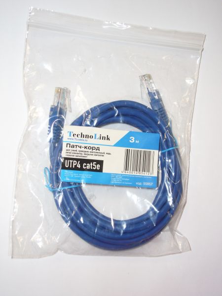 Патч-корд Technolink UTP4 cat 5e, 3,0м, ВС, синий, литой коннектор T.BC.UTP.5e-3.0m-5