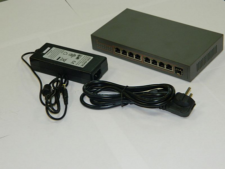 NS1082SC9P PoE, коммутатор, настольный, 9 портовый, 8 PoE 802.3af 100Mbit портов, 15.4W, 1 SFP слот, кабель питания ЕВРО, серый