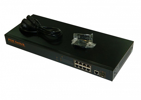 NS1082T1U10P PoE, коммутатор, 19&quot;, 10 портовый, 8 PoE 802.3at 100Mbit портов, 25W, 1 Uplink 1Gbit порт, 1 комбинированный порт 1000Base-T/SFP слот, кабель питания ЕВРО, черный